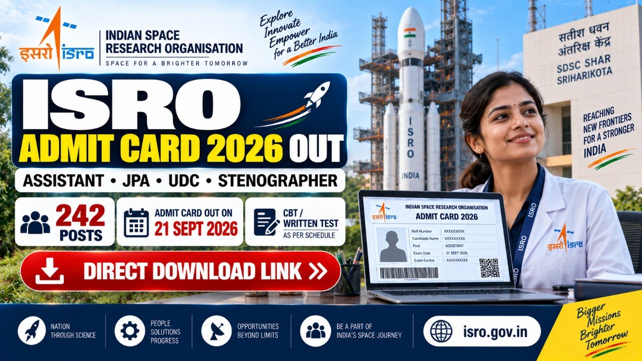 ISRO Admit Card 2026 Out for Assistant, JPA, UDC, and Stenographer Posts: Direct Download Link
